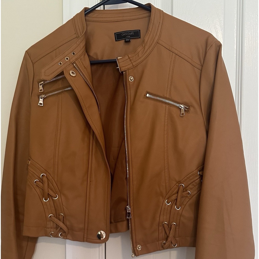 Women's Chocolate USA Faux Leather Jacket with Studs Short Size medium